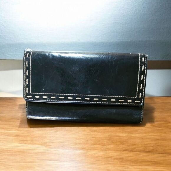 FOSSIL Tri Fold Wallet Black Leather Coin Pouch License Window Snap Closure - Picture 1 of 7